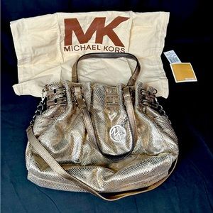 Michael Kors ‘Edie’ Bronze LG Shoulder Tote Bag Snake Skin Genuine Leather
